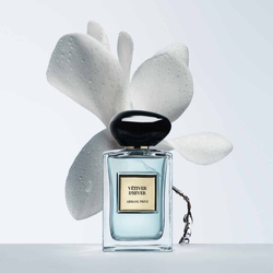 Armani Prive Les Eaux Vetiver d'Hiver eau de parfum, transparent rectangular glass bottle with black rounded cap, beside a sculptural white flower on a pale grey-blue background.