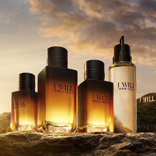 Giorgio Armani I WILL Eau de Parfum refillable bottles and refill. A black and gold men’s fragrance range.