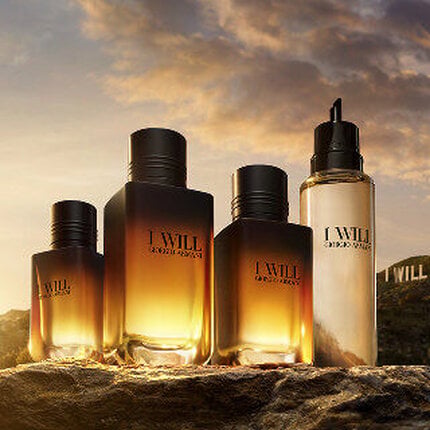 Giorgio Armani I WILL Eau de Parfum refillable bottles and refill. A black and gold men’s fragrance range.