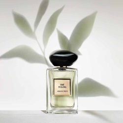 Armani Prive Les Eaux The Yulong eau de parfum, transparent rectangular glass bottle with black rounded cap, set against delicate green botanical leaves on a pale sage background.