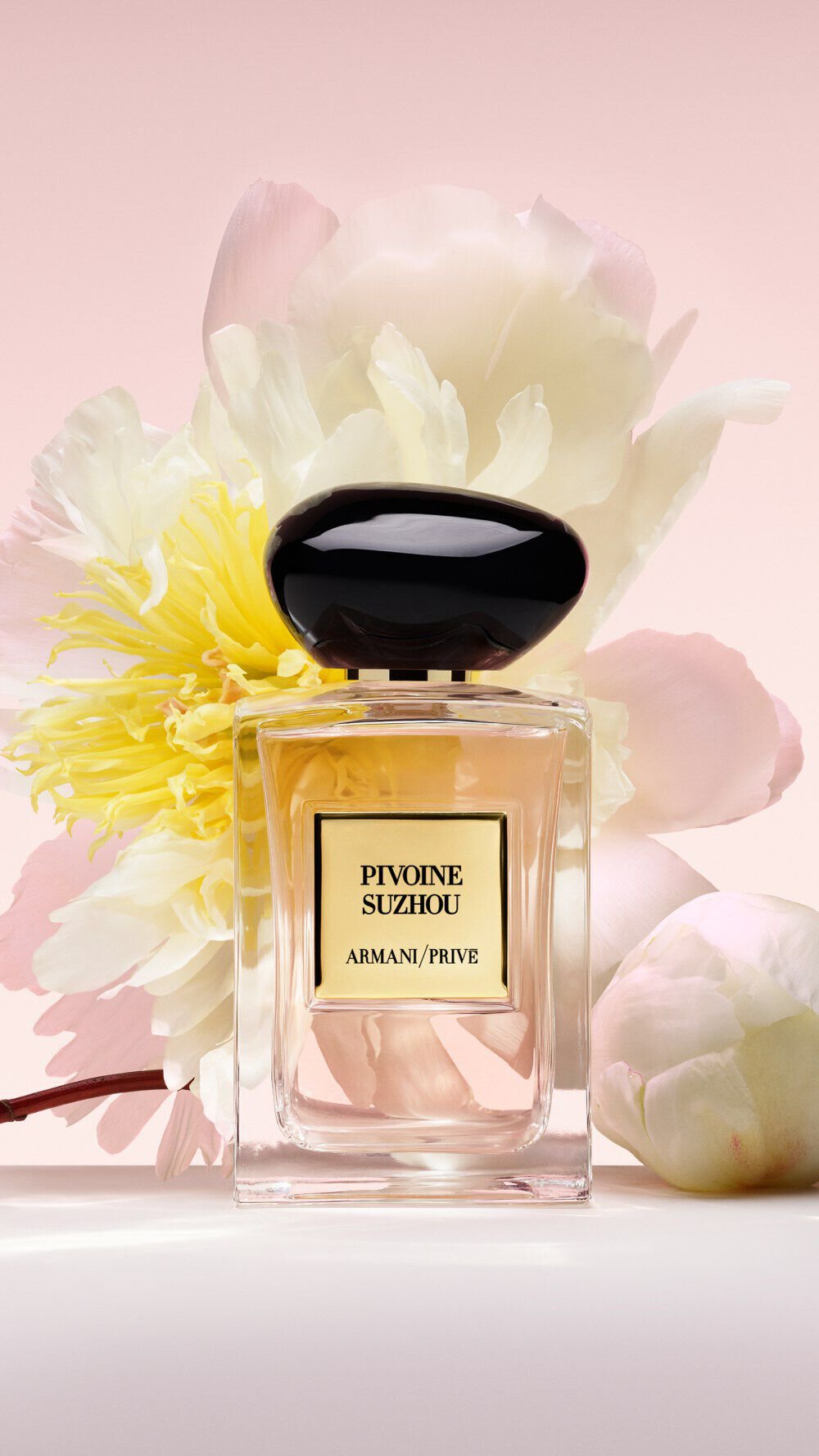 Armani/Prive Pivoine Suzhou: elegant perfume bottle set before a lush, blooming peony, reflecting the fragrance’s refined floral character and sophisticated luxury.
