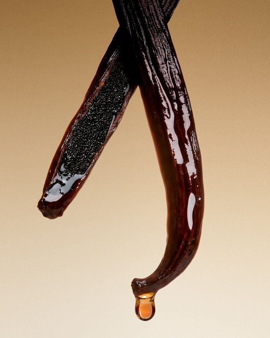 Bourbon Vanilla pods highlighting the gourmand warmth of Cuir Dore.