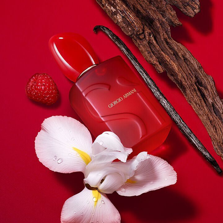 Giorgio Armani Si Passione red bloom perfume bottle with raspberry, iris and vanilla.