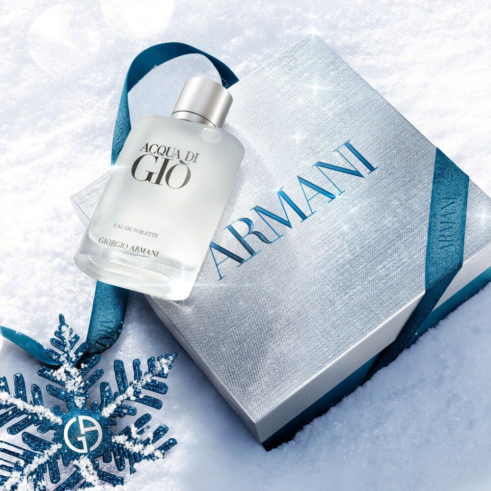 Giorgio Armani Acqua di Gio holiday gift set in a silver box with blue accents.
