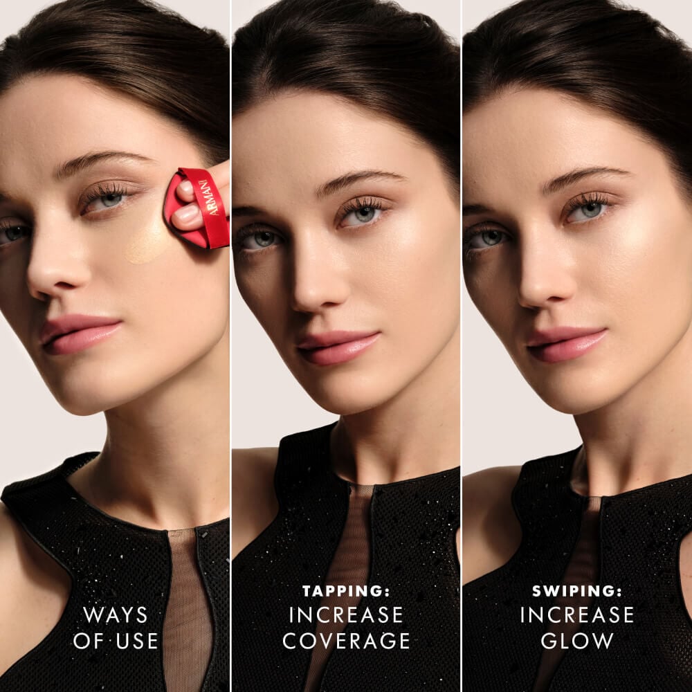 A visual guide demonstrating the versatile application of the cushion, showing initial application with a red puff, followed by the results of tapping for increased coverage, and swiping for enhanced glow.