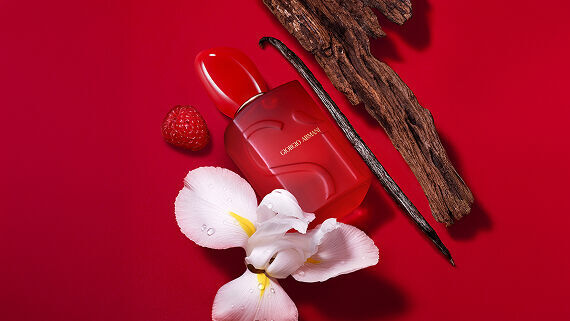 Giorgio Armani Si Passione red bloom perfume bottle with raspberry, iris and vanilla.