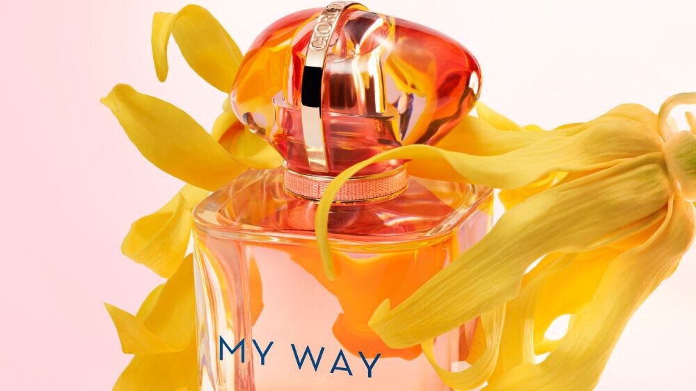My Way perfume bottle featuring yellow ylang-ylang flowers