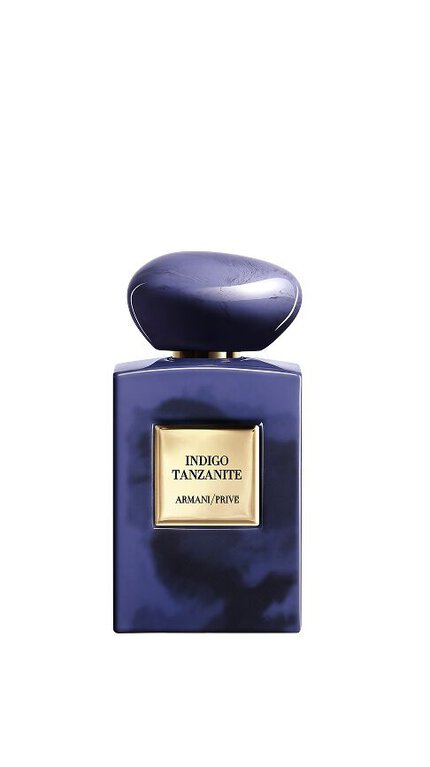 Bottle of Armani/Prive Indigo Tanzanite fragrance.