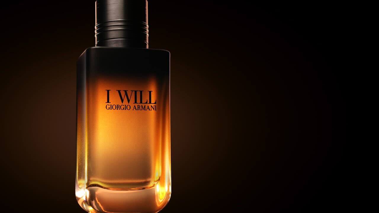 Giorgio Armani I WILL Eau de Parfum bottle shown with bergamot, Madagascar vanilla, and woody leather notes.