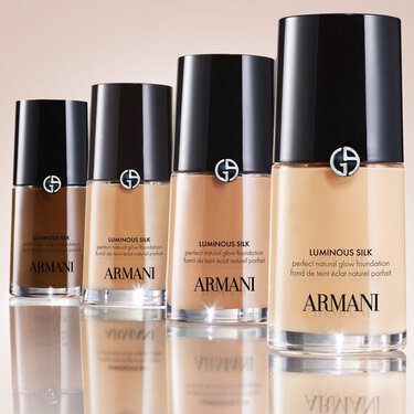 Three bottles of Giorgio Armani Luminous Silk foundation in varying shades displaying Shade Converter