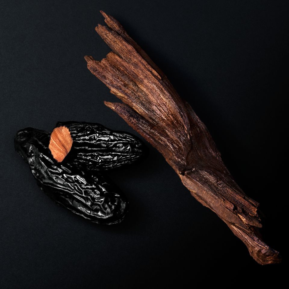 A dark piece of textured cedarwood bark lies beside two dark tonka beans, one of which is open, revealing its light brown interior, all on a dark surface.