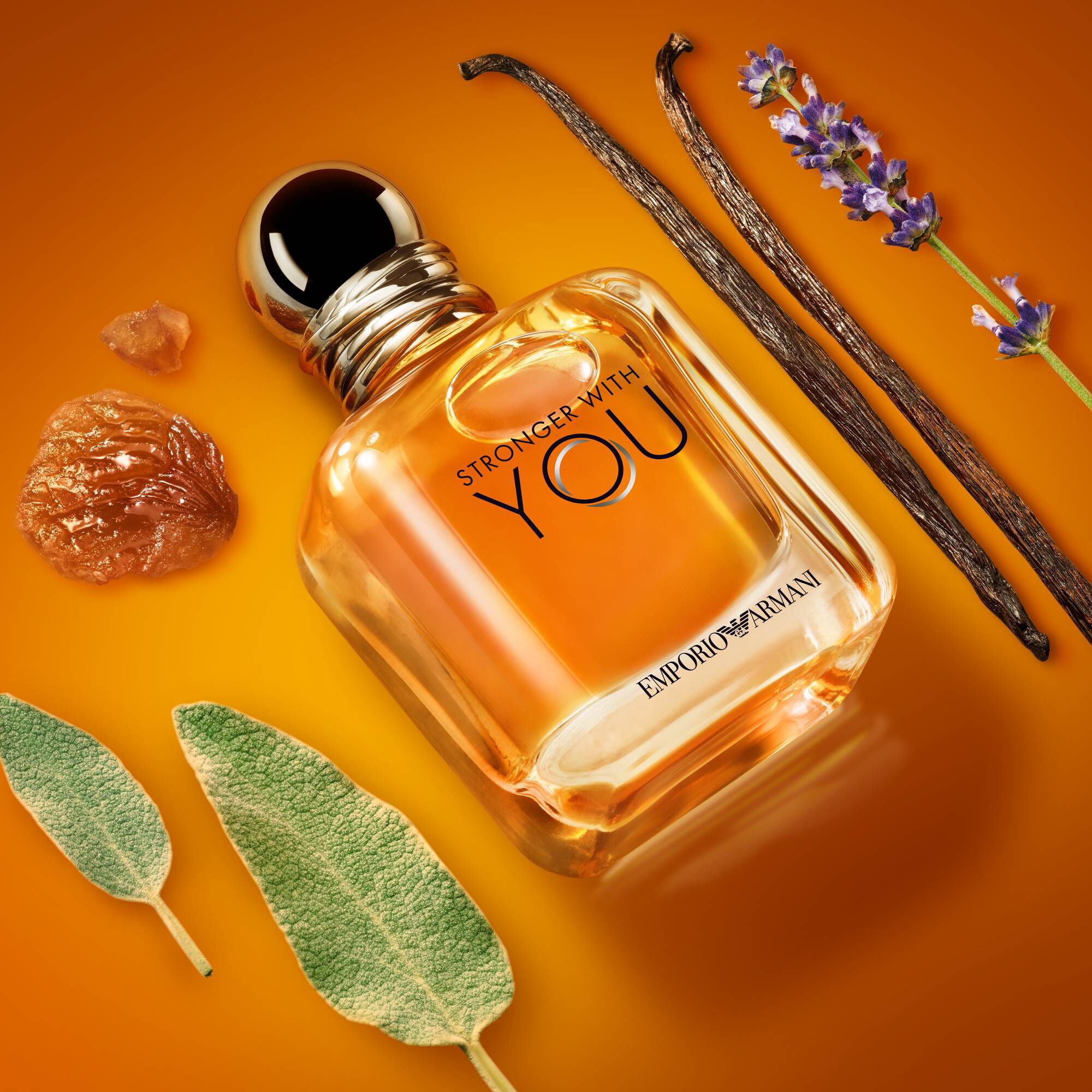 Emporio Armani Stronger With You Eau de Parfum — signature golden amber bottle surrounded by key olfactive ingredients: lavender, vanilla, chestnut and sage on a warm orange background.