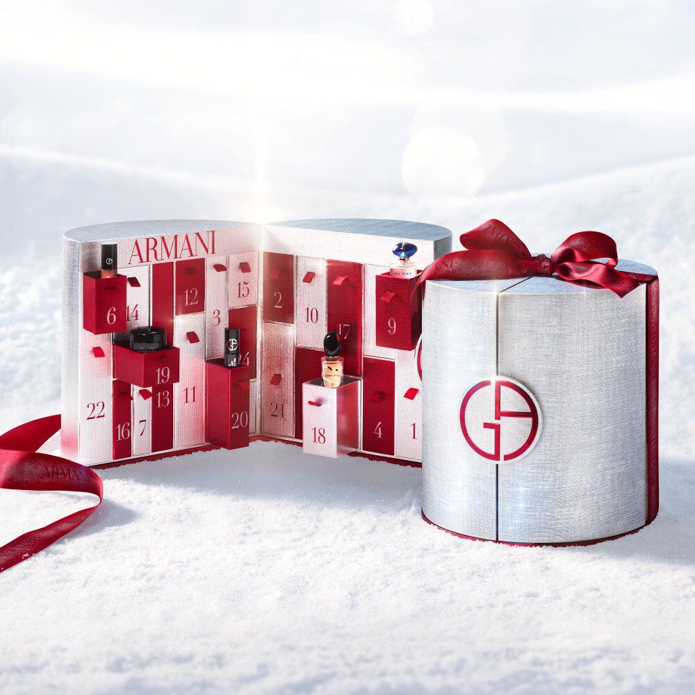 Armani beauty Advent Calendar 2026 in silver and red tones, opened on snow with 24 holiday surprises. 