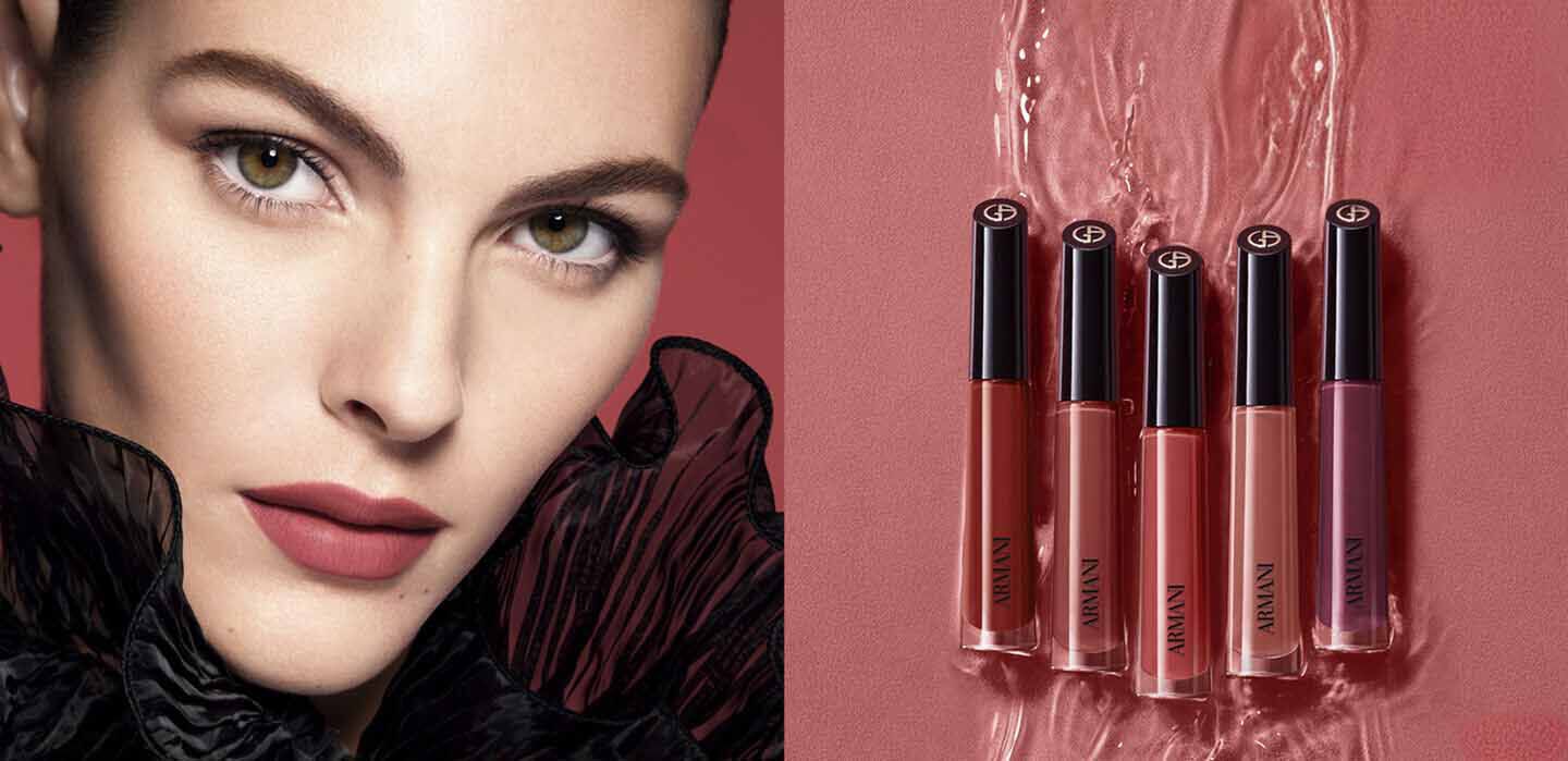 Split image showing a close-up of Vittoria wearing dusty rose ARMANI LIP MAESTRO and five lipstick shades arranged on a rippled pink background.
