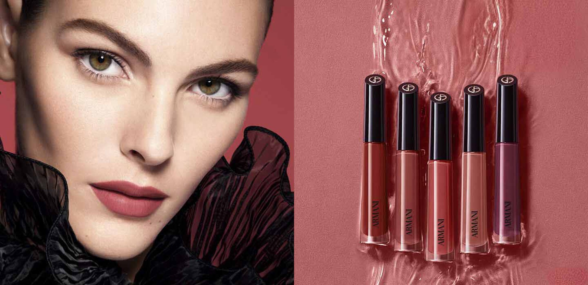 Split image showing a close-up of Vittoria wearing dusty rose ARMANI LIP MAESTRO and five lipstick shades arranged on a rippled pink background.