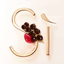 Blackcurrant berries against the gold Si signature on a blush background — blackcurrant nectar top note of Si Eau de Parfum by Giorgio Armani.