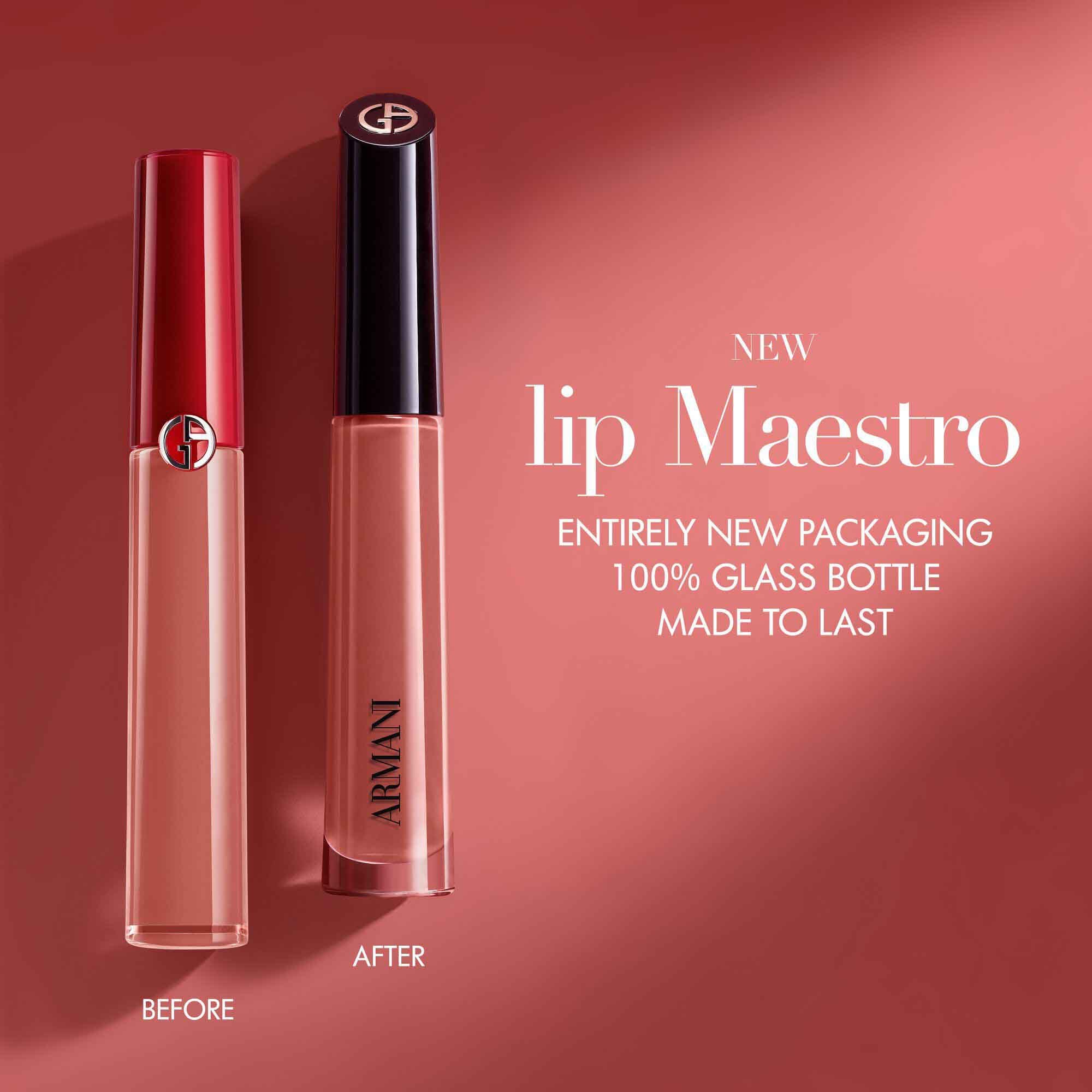 Side-by-side comparison of the previous and new ARMANI LIP MAESTRO packaging, featuring the redesigned 100% glass bottle.