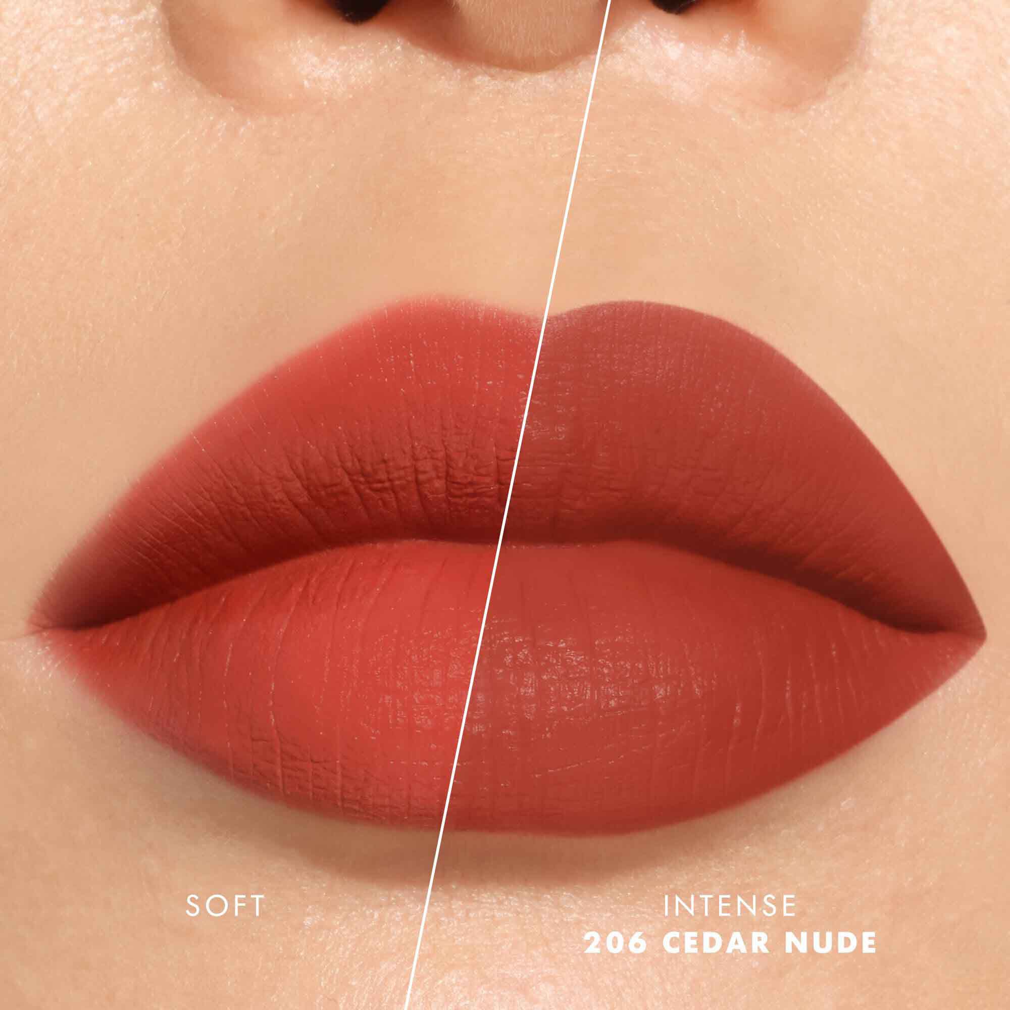 Close-up of lips showing shade 520 Dusty Rose in two intensities: soft on the left and intense on the right, with a velvet-matte finish.