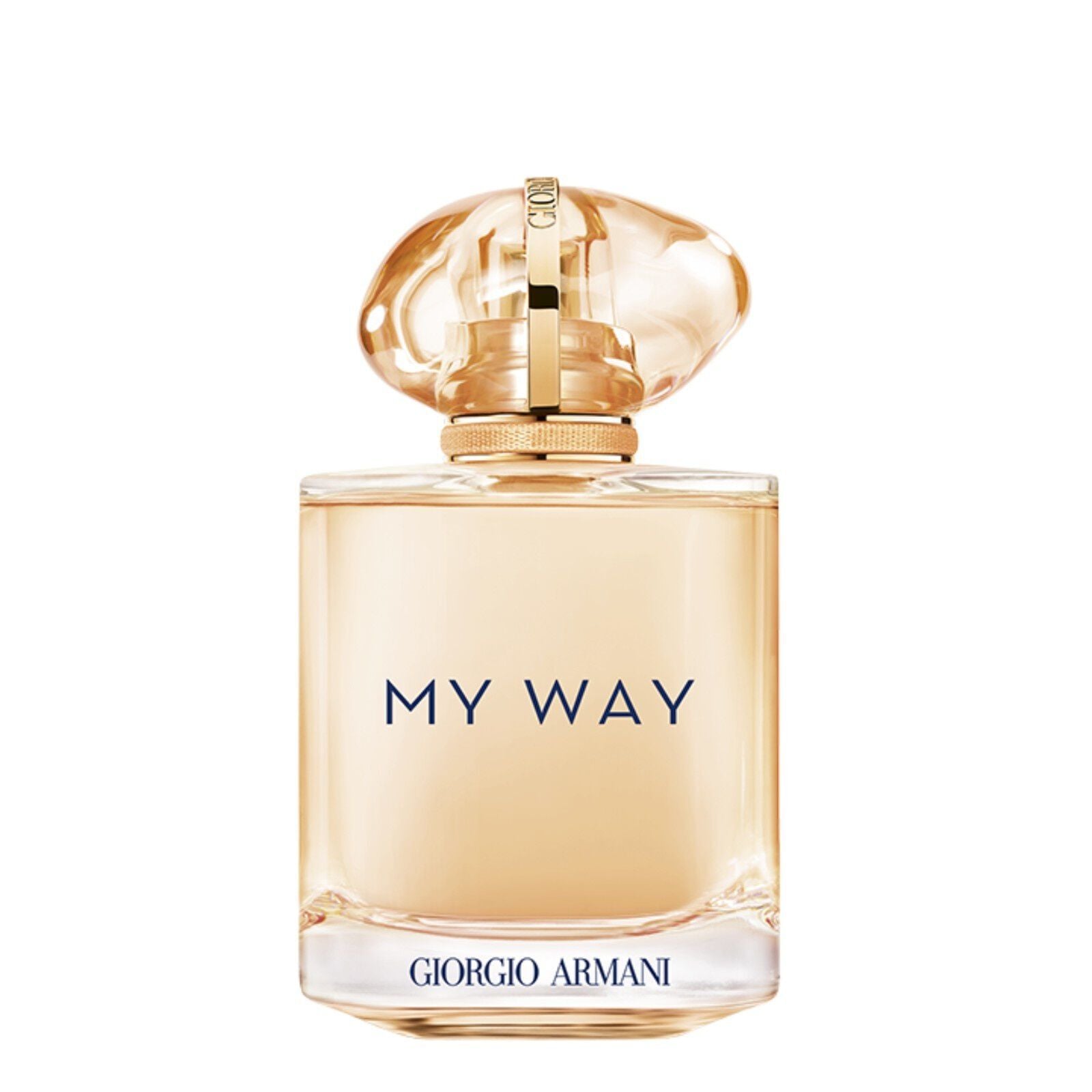Giorgio Armani My Way Sunny Vanilla 90ml perfume bottle on a pink white background.