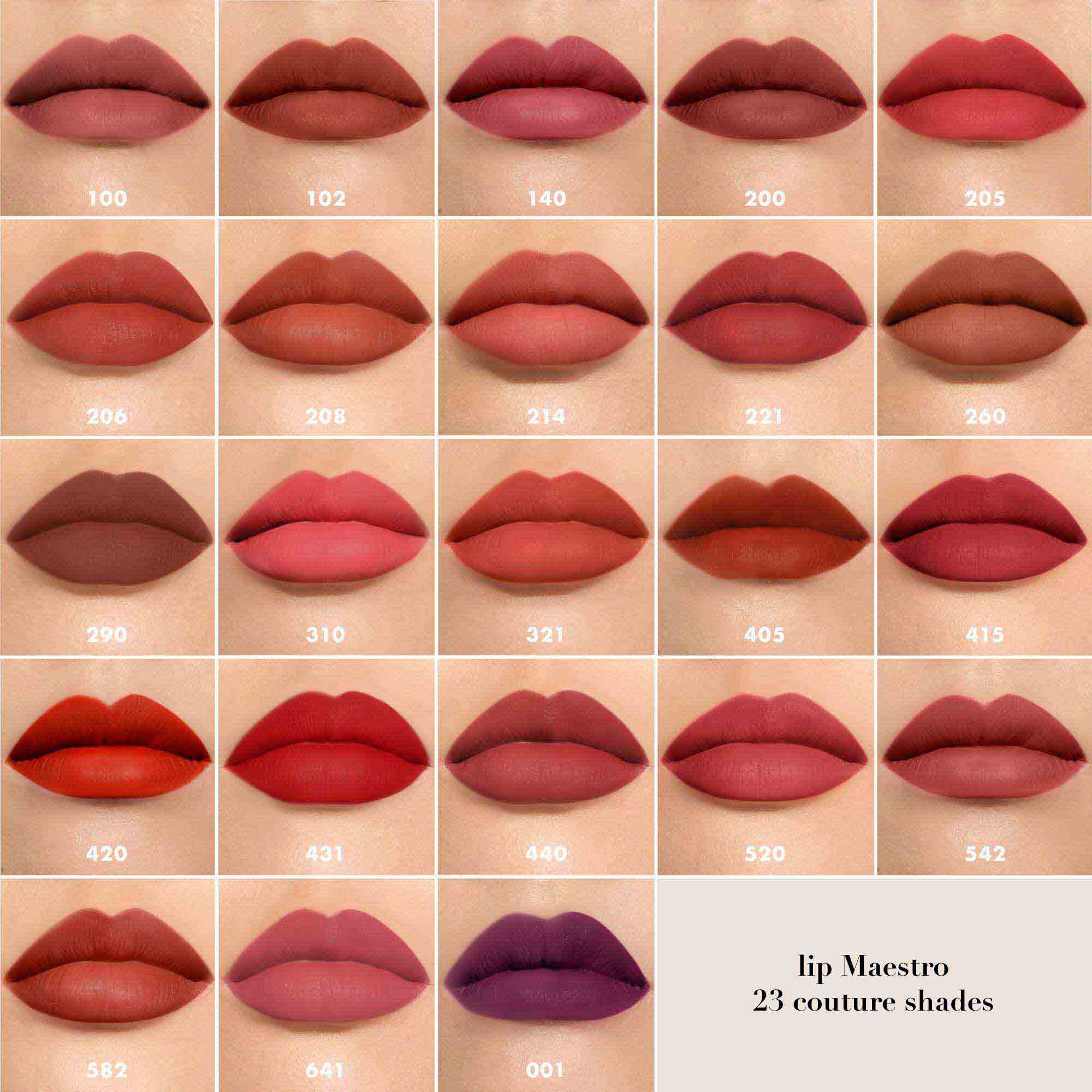 Grid showing lips wearing the 23 ARMANI LIP MAESTRO couture shades, from nude and pink tones to red, brown, and deep purple.