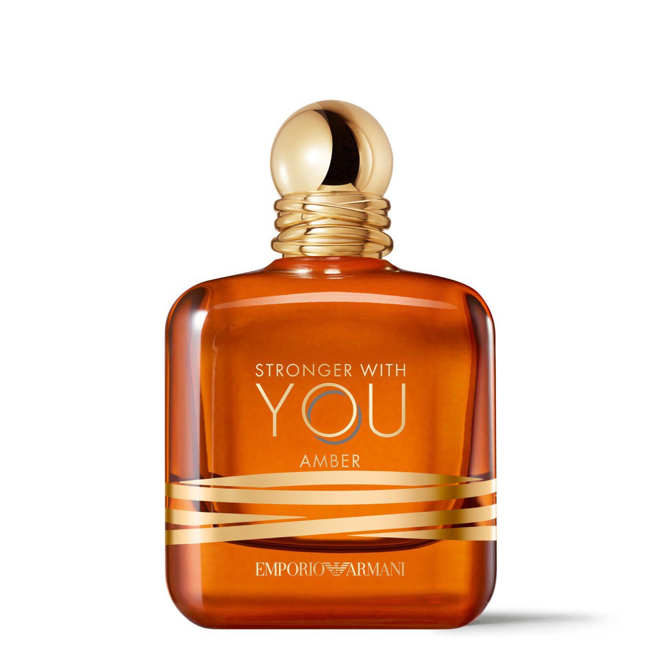 Emporio Armani Stronger With You Amber fragrance bottle with gold cap against white background