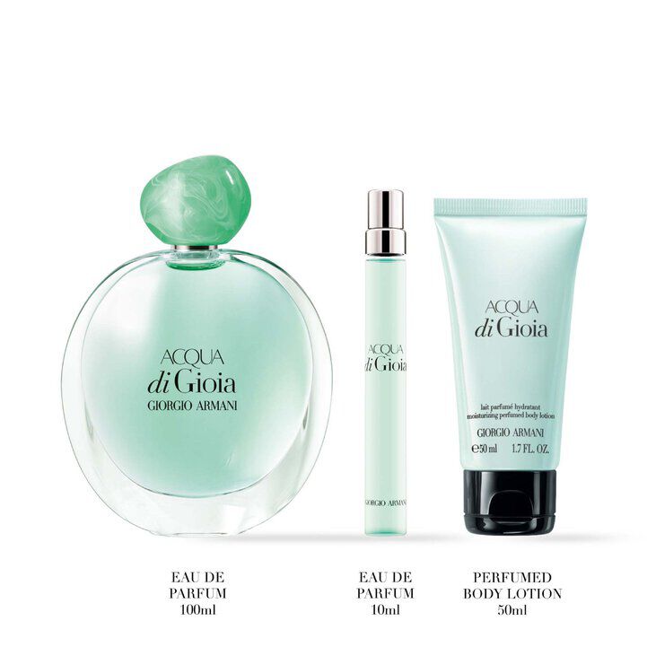An Acqua di Gioia Eau de Parfum 100ml fragrance, a 10ml fragrance and a 50ml body lotion displayed side by side on a white background.
