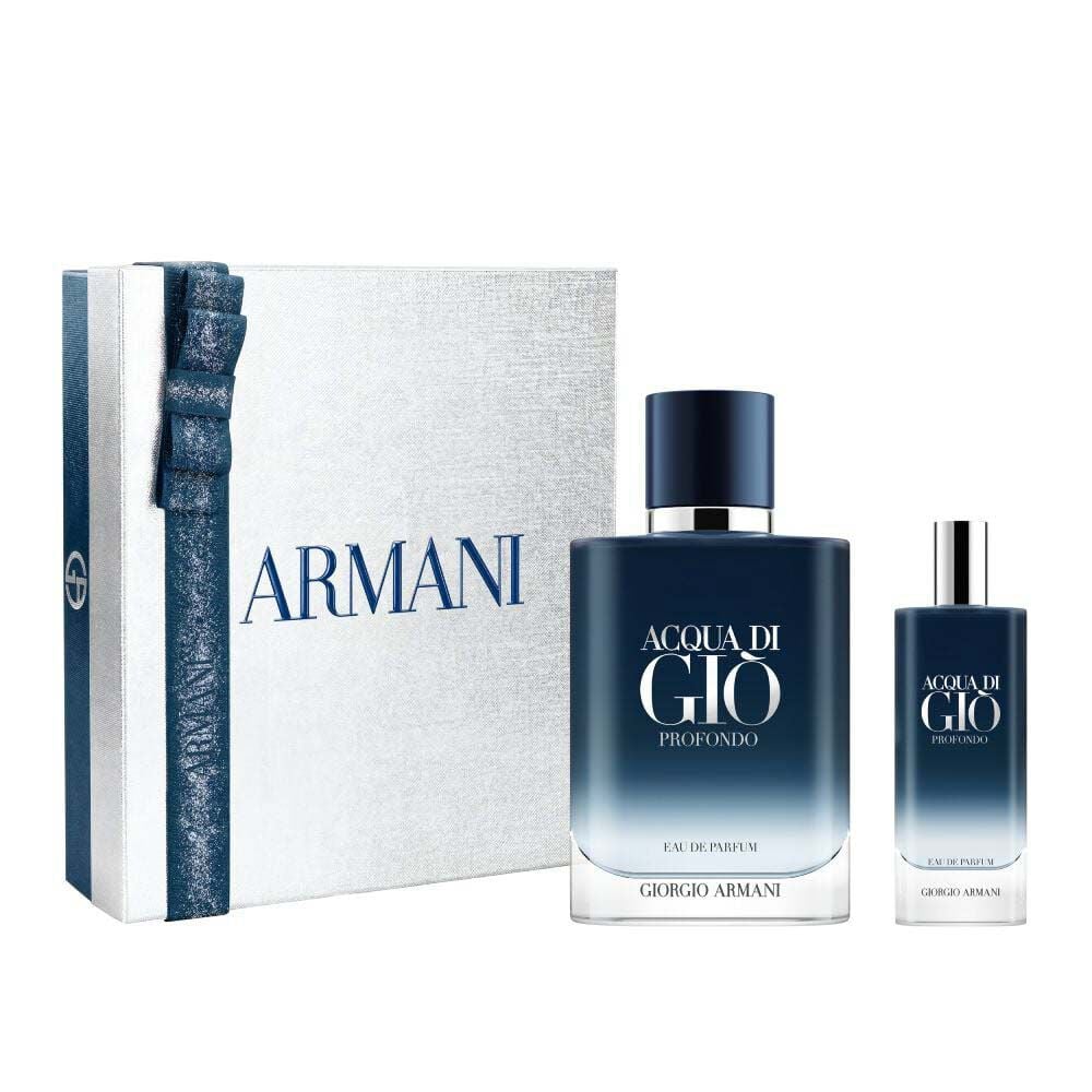 Giorgio Armani Acqua di Gio Profondo Eau de Parfum 100ml gift set — signature bottle and 15ml bottle displayed alongside the grey Armani gift box, white background.