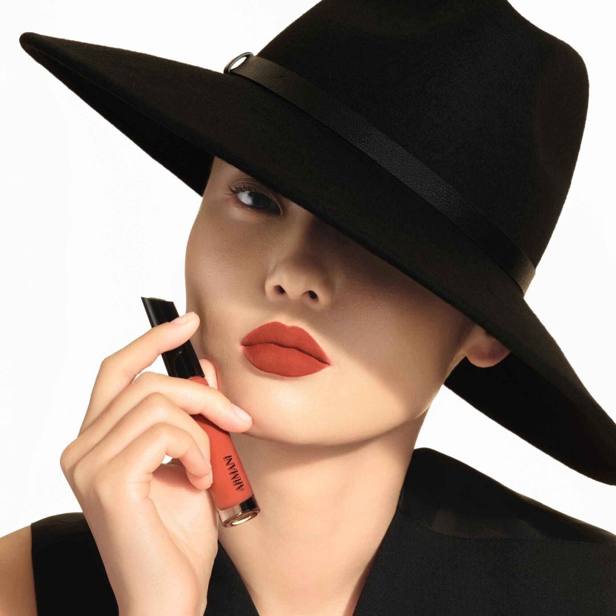 Close-up of Vittoria wearing ARMANI LIP MAESTRO in shade 520 Dusty Rose.