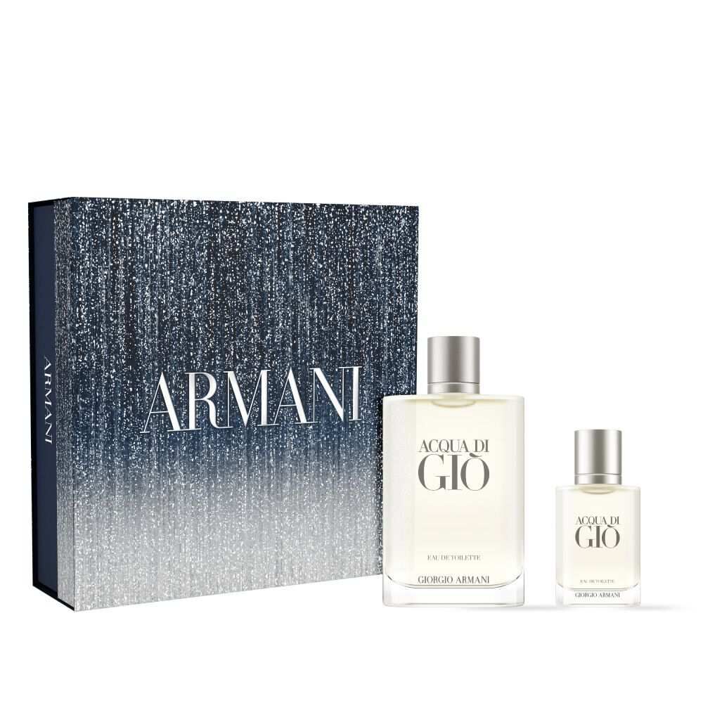 Acqua di Gio gift set with a shimmering Armani box and two frosted Eau de Toilette bottles.
