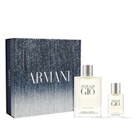 Acqua di Gio gift set with a shimmering Armani box and two frosted Eau de Toilette bottles.