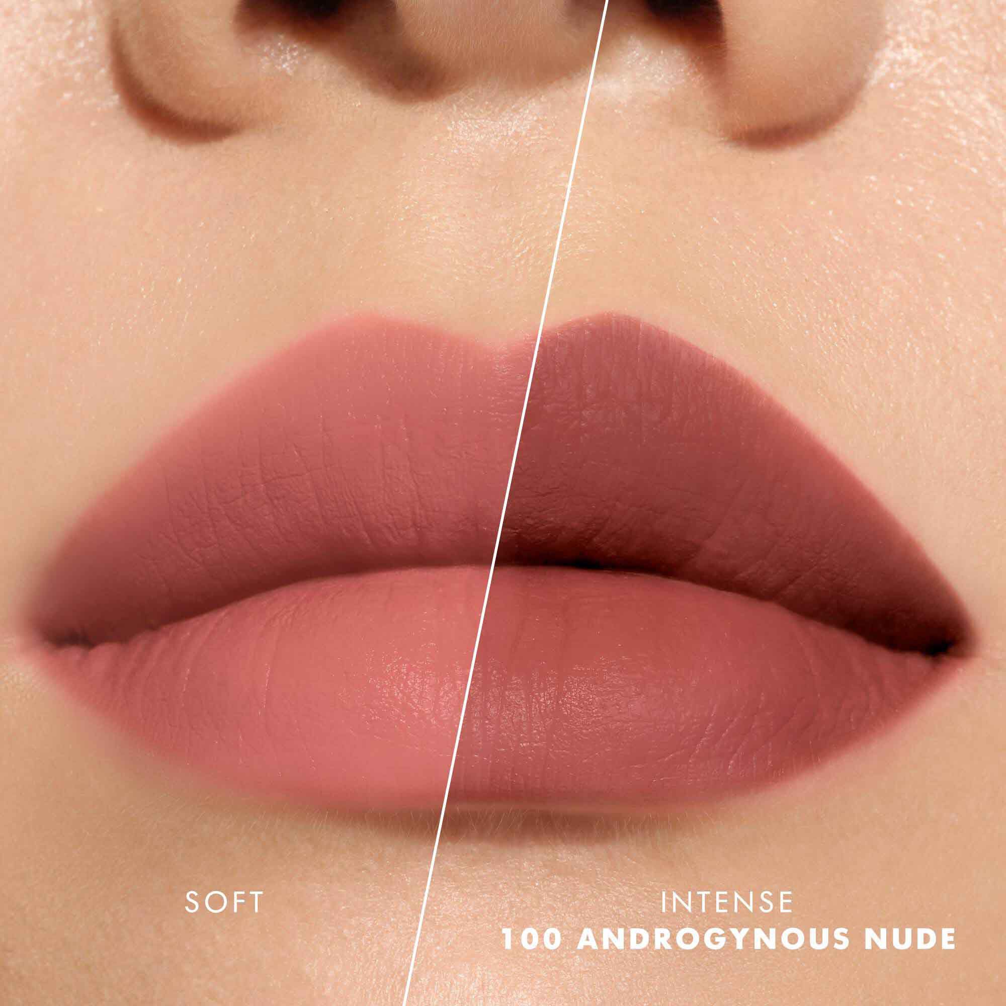 Close-up of lips showing shade 520 Dusty Rose in two intensities: soft on the left and intense on the right, with a velvet-matte finish.