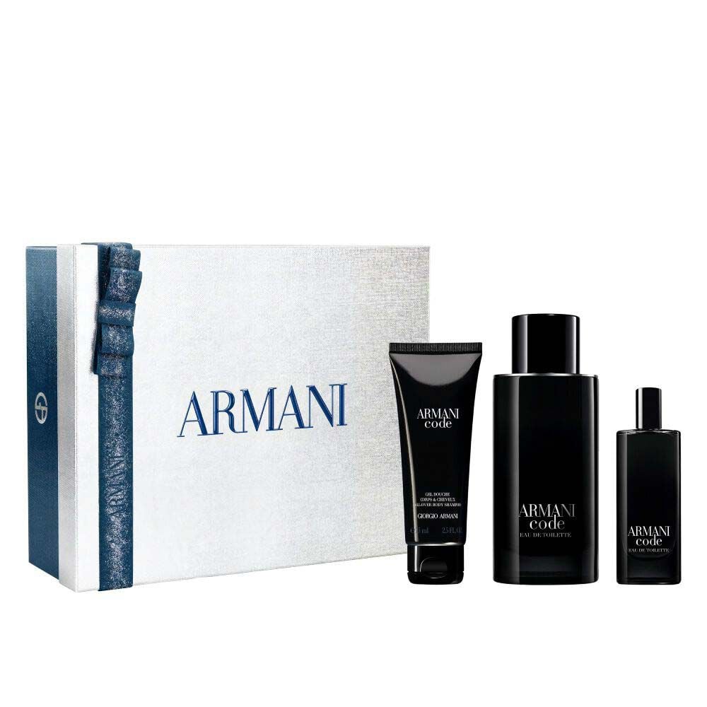 Armani Code Eau de Toilette 125ml, 15ml and All-Over Body Shampoo 75g gift set in an open Armani gift box, white background.
