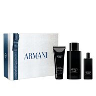 Armani Code Eau de Toilette 125ml, 15ml and All-Over Body Shampoo 75g gift set in an open Armani gift box, white background.