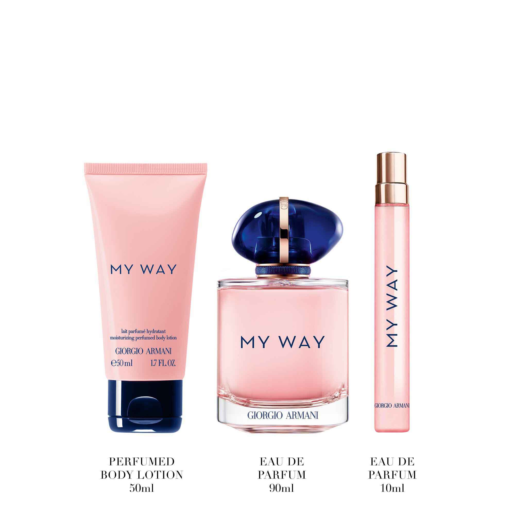 My Way Eau de Parfum 90ml fragrance, 10ml bottle and 50ml perfumed body lotion standing upright — Giorgio Armani women's floral fragrance gift set, white background.