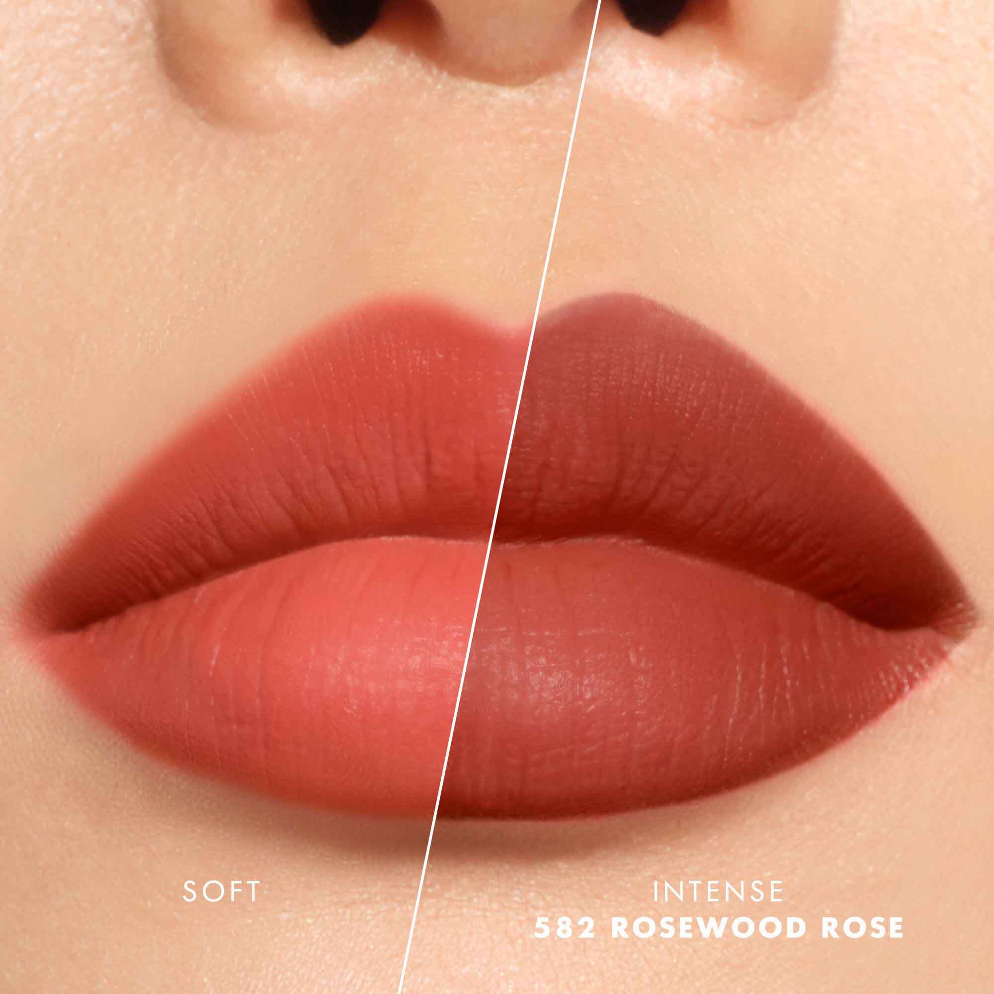 Close-up of lips showing shade 520 Dusty Rose in two intensities: soft on the left and intense on the right, with a velvet-matte finish.