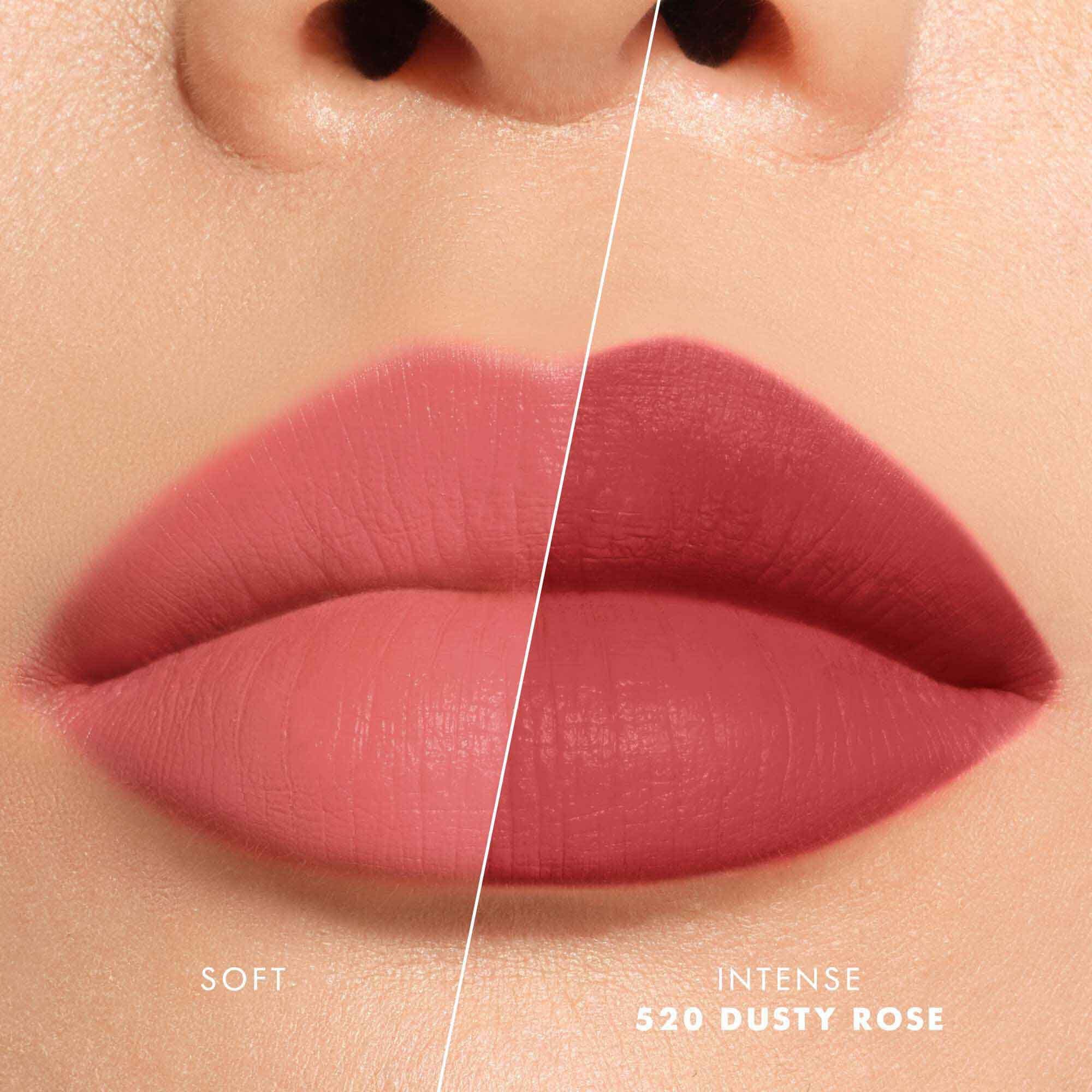 Close-up of lips showing shade 520 Dusty Rose in two intensities: soft on the left and intense on the right, with a velvet-matte finish.