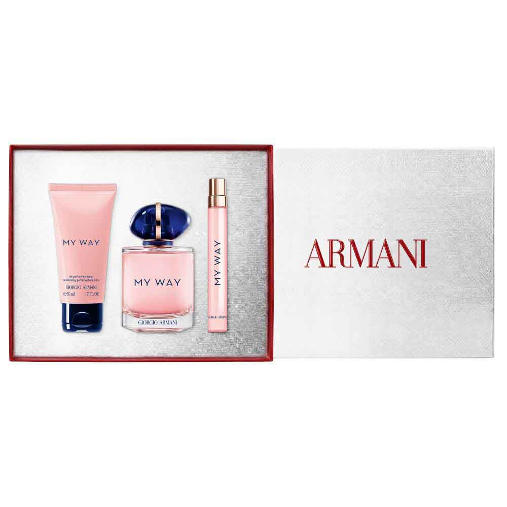 My Way Eau de Parfum 90ml fragrance, 10ml bottle and 50ml perfumed body lotion alongside a white Armani gift box — women's floral fragrance gift set.
