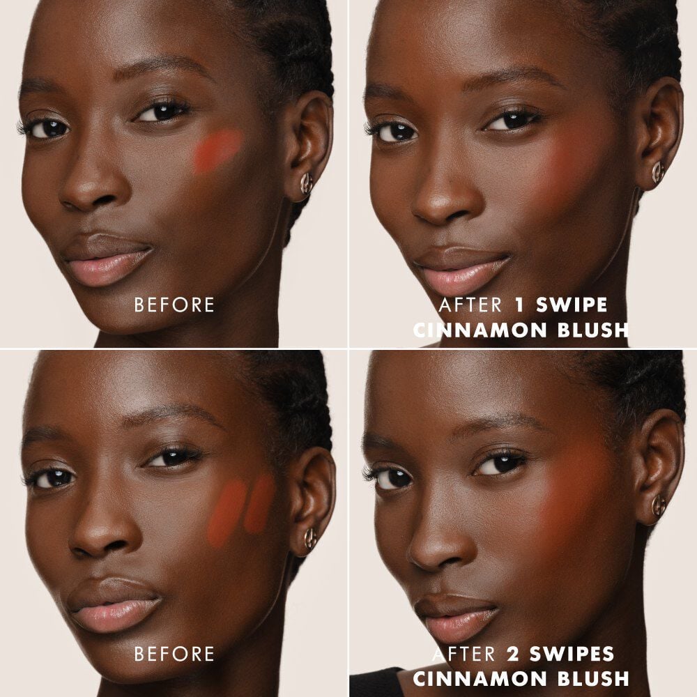 Before and after application of Armani beauty Dolci Blush cream-to-powder blush showing buildable rosy colour intensity