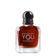 Armani Stronger With You Powerfully perfume bottle, featuring a rich amber liquid and elegant design.