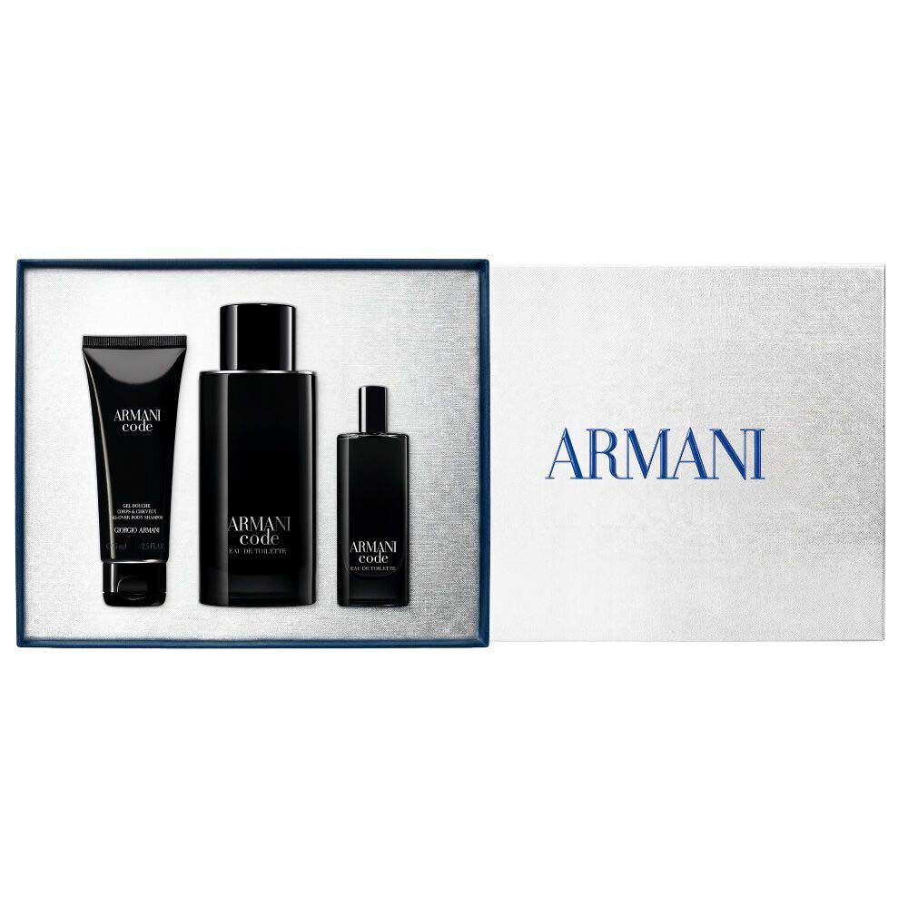 Armani Code Eau de Toilette 125ml, 15ml and All-Over Body Shampoo 75g displayed in an open Armani gift box — men's fragrance and body care gift set.