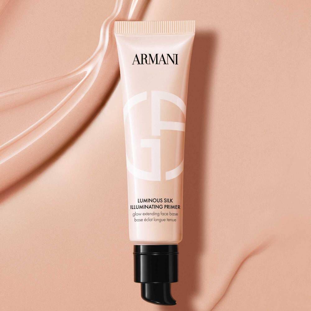 Armani Beauty Luminous Silk Illuminating Primer in a beige tube with a black pump.