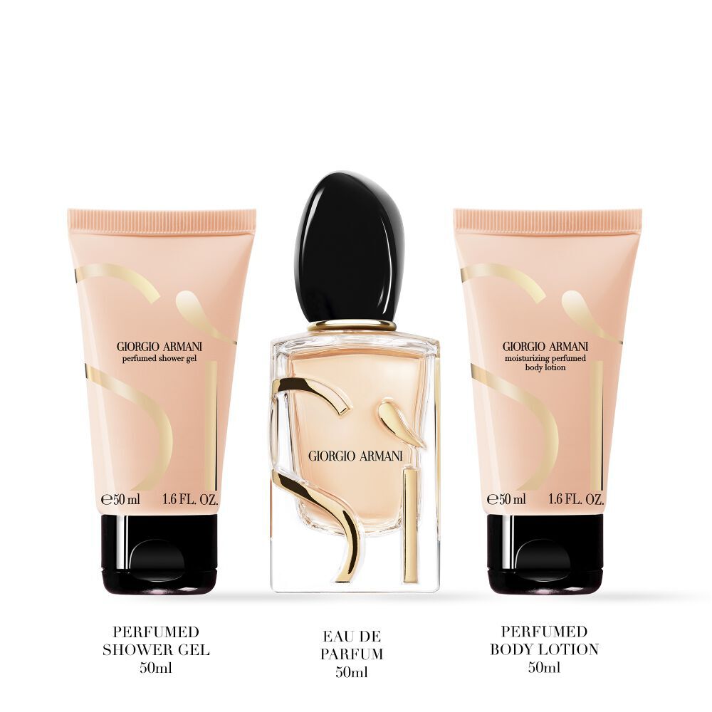 Si Eau de Parfum 50ml, Si Eau de Parfum Body lotion 50ml and Si Eau de Parfum Shower Gel 50ml displayed side by side on a white background.	