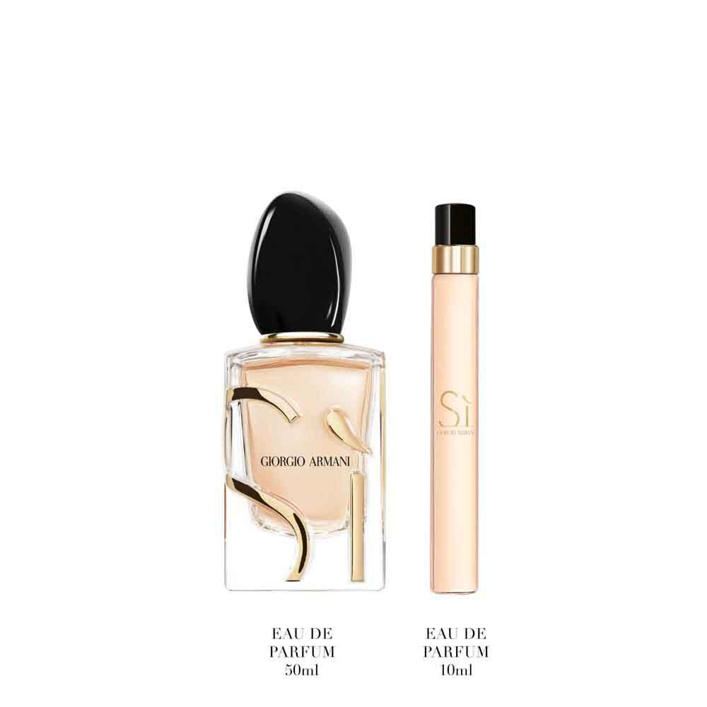 Si Eau de Parfum 50ml and 10ml in signature gold-toned bottles standing upright — Giorgio Armani women's floral fragrance gift set, white background.