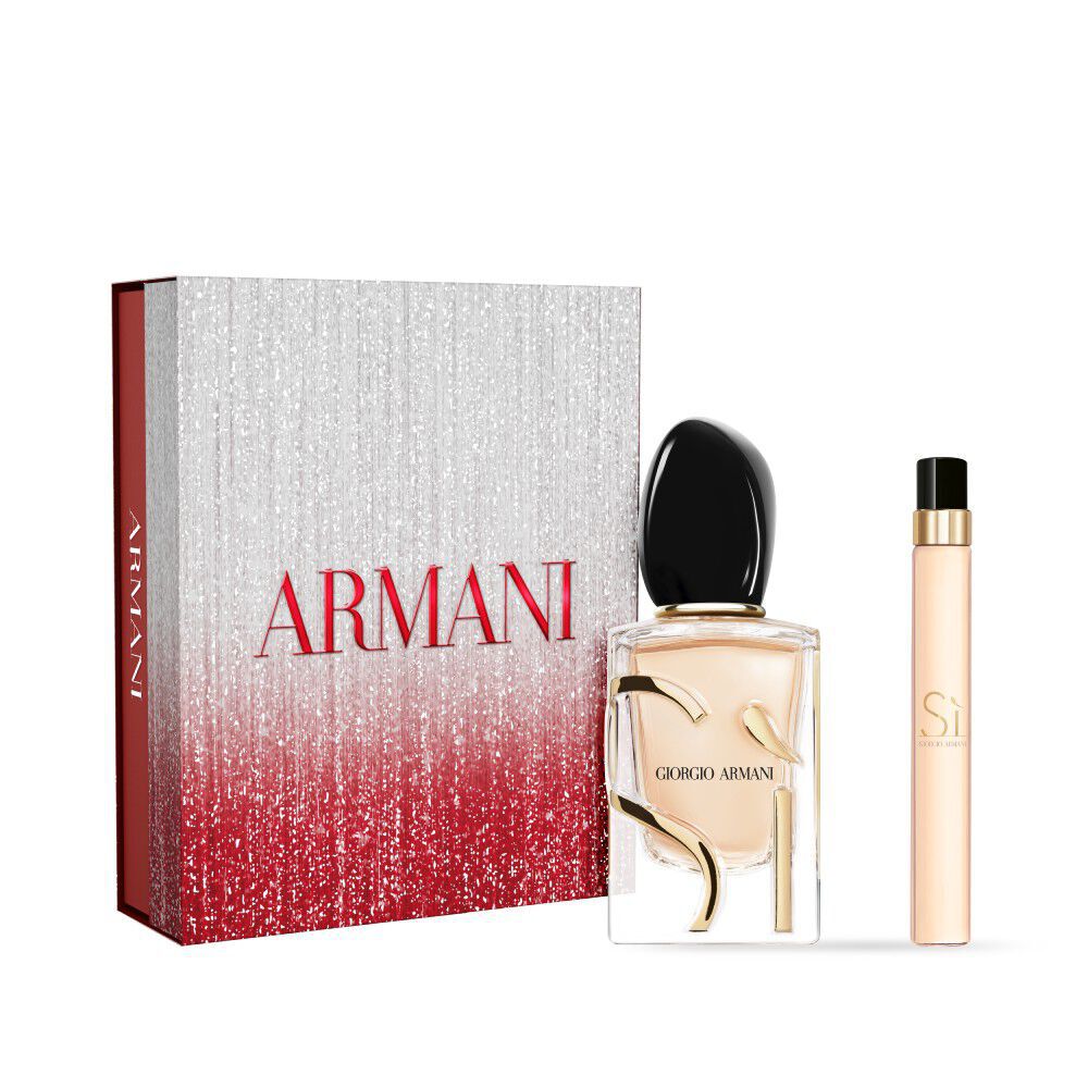 Armani Si Eau de Parfum 50 ml perfume and 10ml presented in front of a festive red and silver ARMANI gift box.	