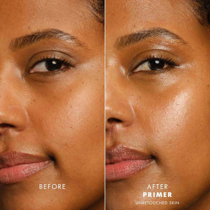 Primer results on unretouched skin, showing before and after differences in skin radiance and smoothness.
