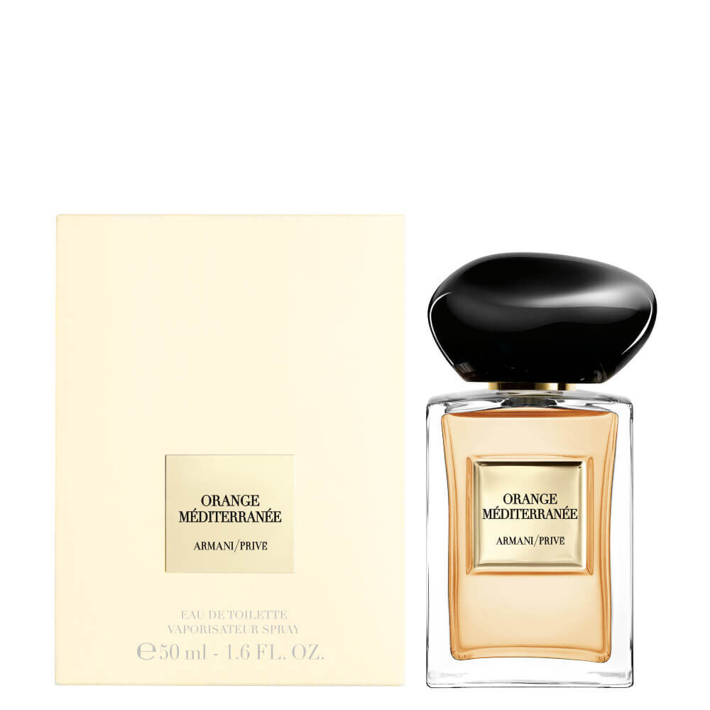 Armani/Prive Orange Mediterranee bottle and packaging, showcased in a refined, minimalistic style.