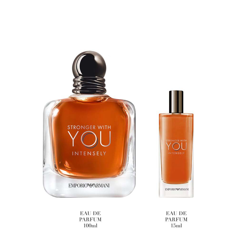 Emporio Armani Stronger With You Intensely Eau de Parfum 100ml — gift set with signature amber bottle and Stronger With You Intensely 15ml  a refined duo presented on a pale surface.