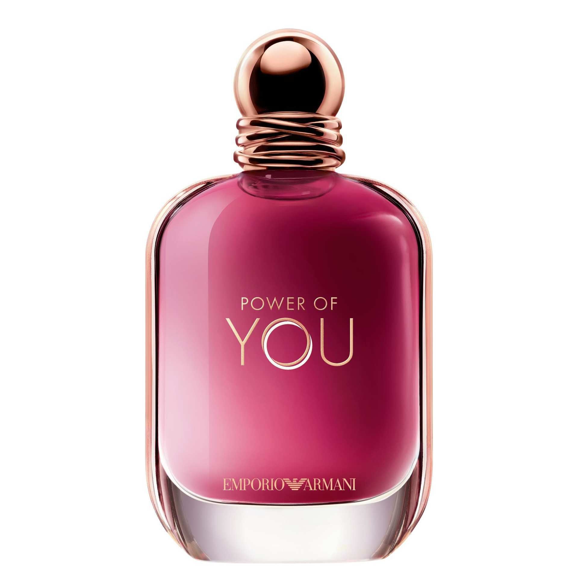 ARMANI POWER OF YOU perfume bottle, featuring a radiant ruby liquid and sleek gold-accented design. 