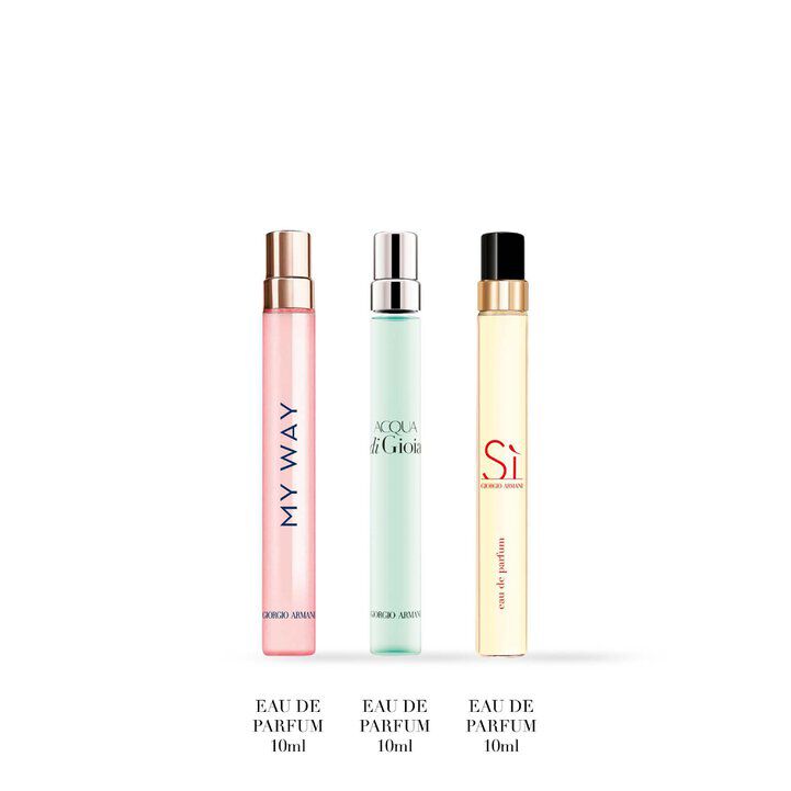 Three Fragrances: My Way Eau de Parfum, Aqua Di Gioia Eau de Parfum and Si Passione Eau de Parfum on a white background.