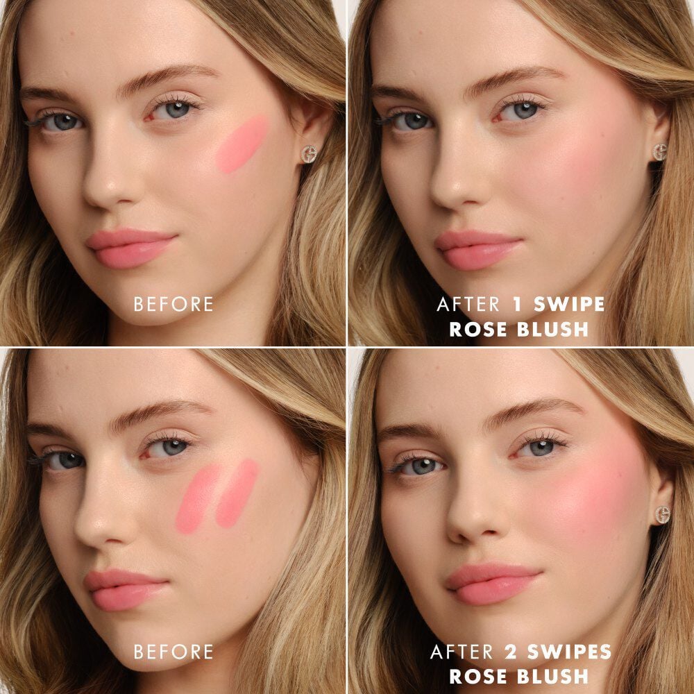 Before and after application of Armani beauty Dolci Blush cream-to-powder blush showing buildable rosy colour intensity